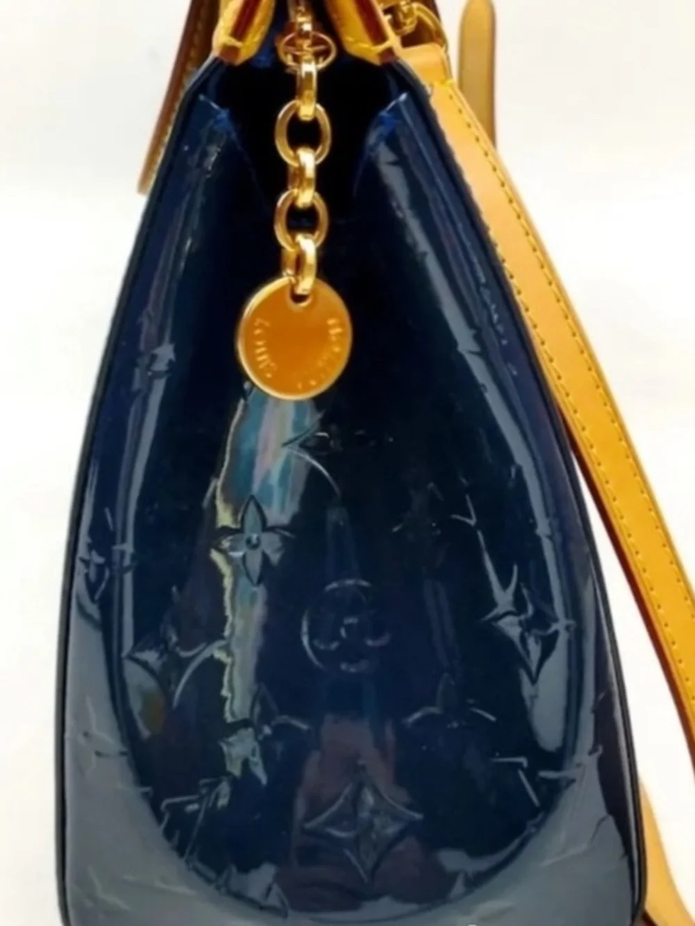 Louis Vuitton Navy Patent Satchel with Yellow-Tan Trim